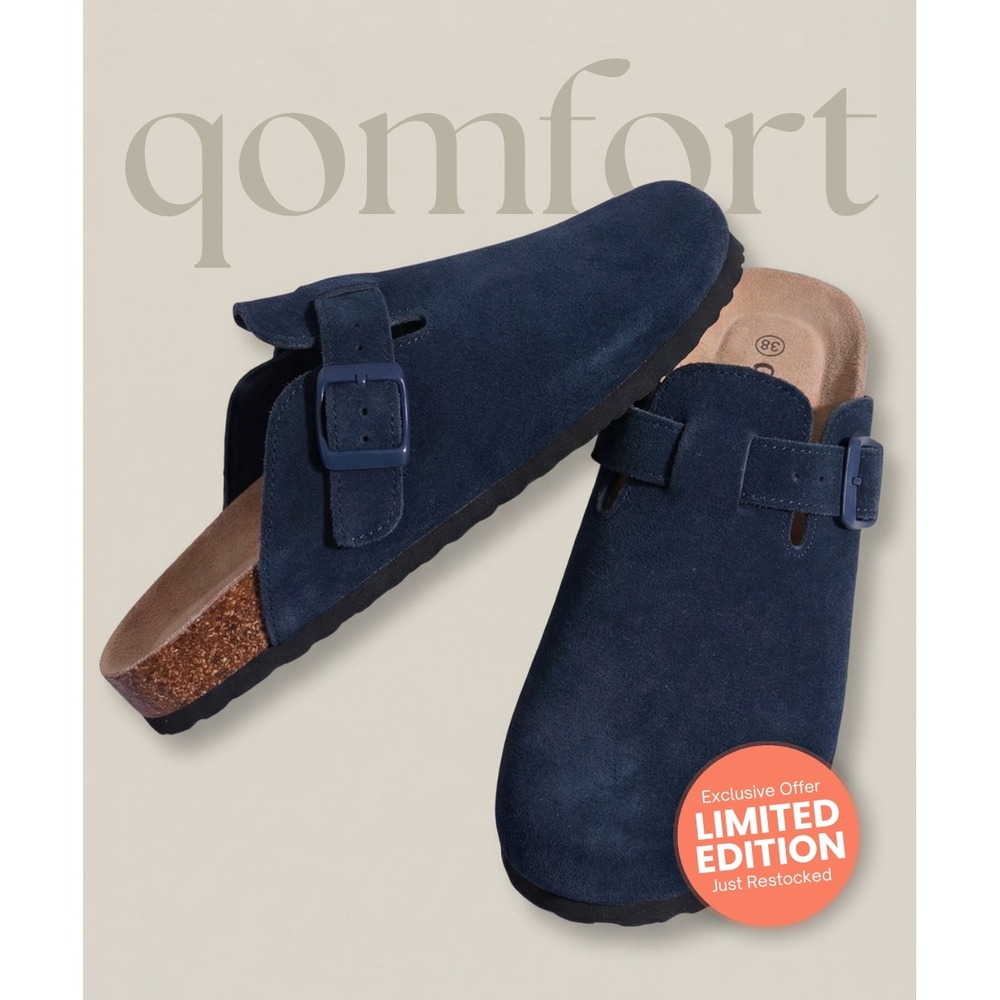 Qomfort Navy Blue Suede Clogs Buckle Strap Cork Footbed Mules Womens NEW